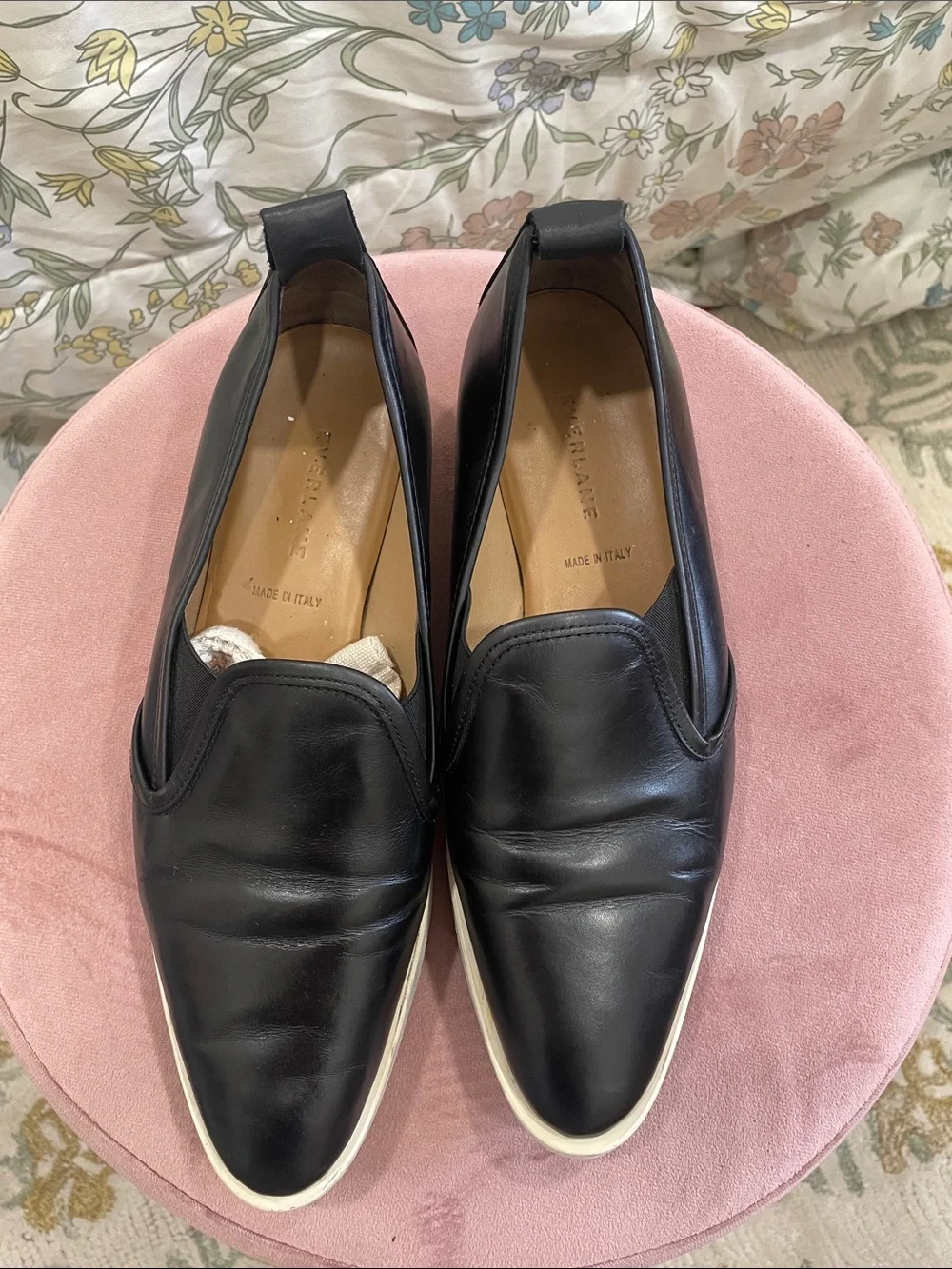 Everlane Black Leather Slip-On Loafers with Cream Platform Sole